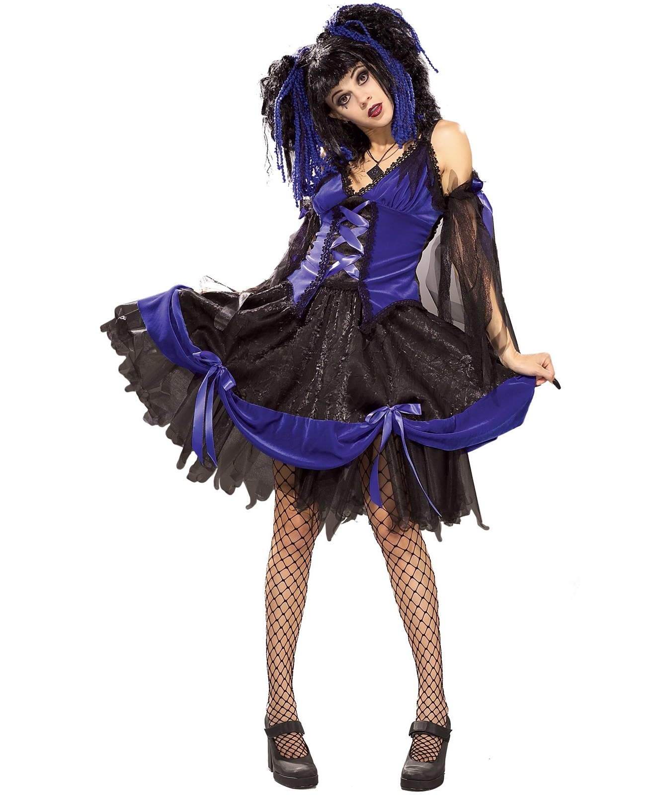 Brunette Gothic Teen Girl wearing Black Fishnet Pantyhose and Black and Blue Short Dress